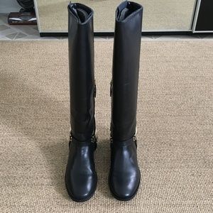 Zara Tall Leather Riding Boots Black 9 Gold Buckle